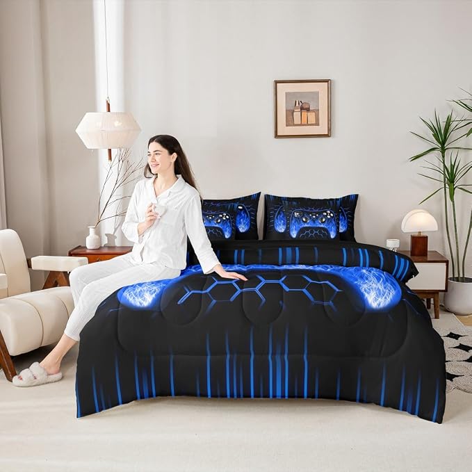 Erosebridal Boys Gamer Bed in a Bag Queen Comforter Set 7 Piece Ombre Art Honeycomb Sheet Set Blue Neon Lights Bedding Set Game Consoles Bed Set Geometry Hexagon Beehive Gaming Room Decor