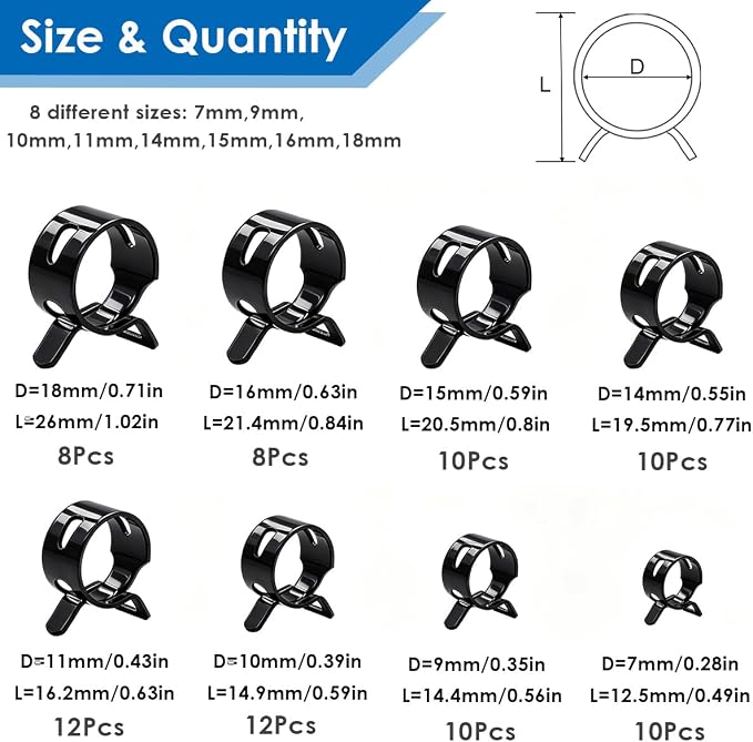 Tnisesm 80Pcs Spring Band Hose Clamps Assortment kits Silicone Vacuum Hose Pipe Clamp 7mm 9mm 10mm 11mm 14mm 15mm 16mm 18mm Low Pressure Air Clip Clamp(Black)