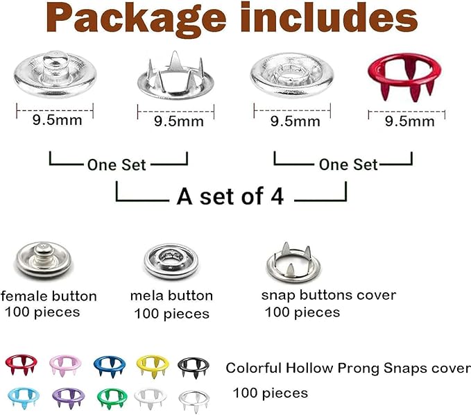 100 Sets Metal Snaps Buttons with Fastener Pliers Press Tool Kit Perfect for DIY Crafts Clothes Hats and Sewing (Colorful Hollow Prong Snaps)