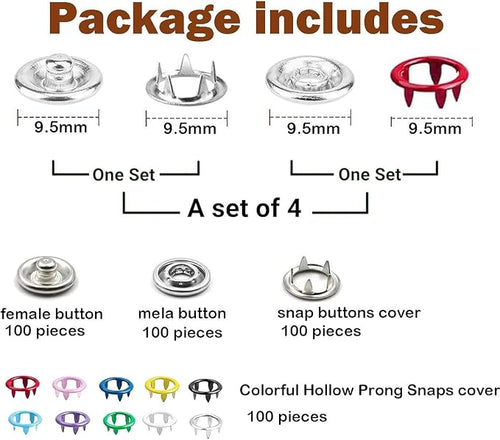 100 Sets Metal Snaps Buttons with Fastener Pliers Press Tool Kit Perfect for DIY Crafts Clothes Hats and Sewing (Colorful Hollow Prong Snaps)