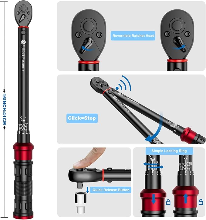 SUERCUP 3/8-inch Drive Torque Wrench - 10-110 ft.lb/13.6-149.2Nm, Dual-Direction Adjustable 72 Tooth Click Torque Wrench for Bicycle, Moto and Car Maintenance