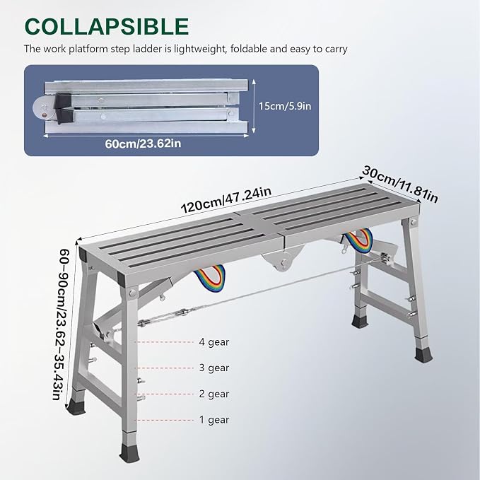 Work Platform Scaffold, 47"x 11" Portable Folding Scaffolding Platform, Equipment Adjustable Height 23.6"-35.4",Steel Step Ladder 800 lbs Load Capacity for Car Washing, Repairing, Painting, Cleaning