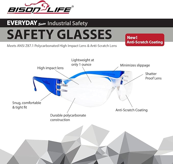 BISON LIFE Clear Safety Glasses – ANSI Z87.1 Scratch & Impact Resistant Wrap Around Eye Protection Goggles for Men & Women