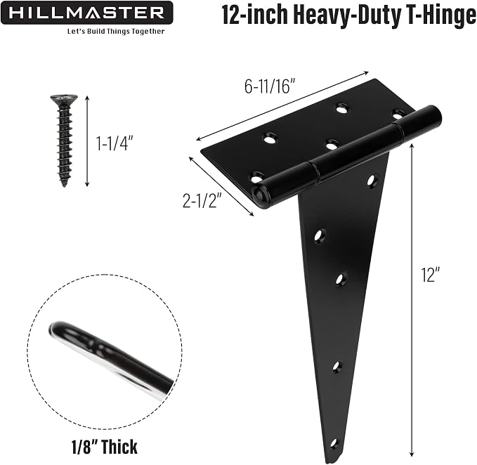 HILLMASTER 12 Inch T-Strap Heavy Duty Shed Door Hinges Gate Strap Hinges Black Tee Hinge Wrought Hardware for Wooden Fences,Yard,Barn Door,Rustproof (6 Pack)