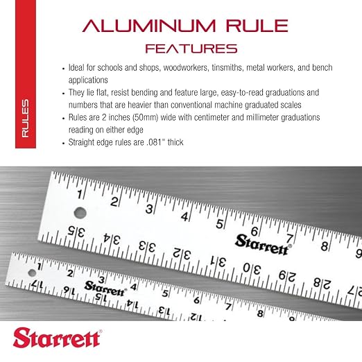 Starrett Straight Edge Aluminum Rule - Ideal for Schools, Shops, Metal and Wood Workers - 36" Length, 2" Width, .081" Thickness, 1/8", 1/16" English - ASE-36