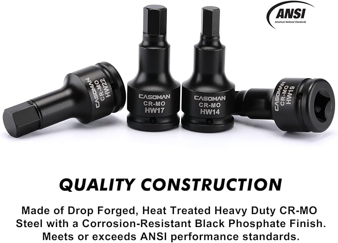 CASOMAN 3/4 Inch Drive Impact Hex Driver Set, 5-Pieces, Metric, 14mm, 17mm, 19mm, 22mm, 24mm, 3/4" Drive Master Impact Hex Bit Set, CR-MO, Impact Grade, One-Piece Construction