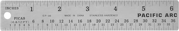 Pacific Arc Stainless Steel Ruler with Inch and Pica Measurements, 6 Inches Rubber Backed