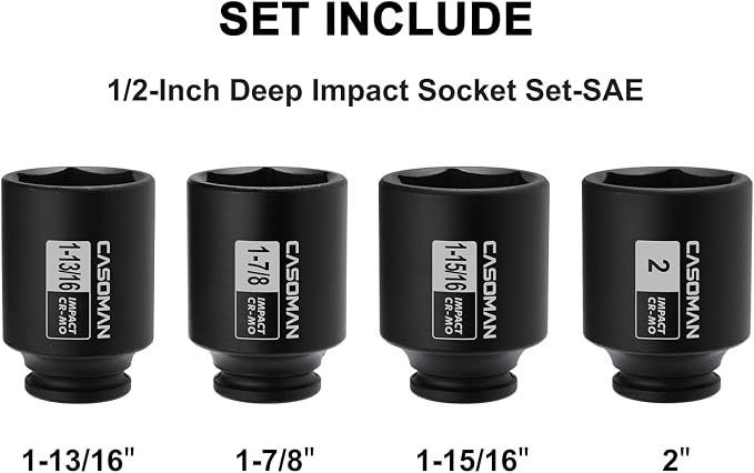 CASOMAN 4 Pieces 1/2" Dr. Deep Impact Socket Set, 1/2-Inch Drive Spindle Axle Nut Impact Socket Set, 1-13/16", 1-7/8", 1-15/16", 2", CR-MO, 6-Point, SAE