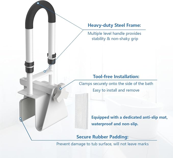 Butizone Adjustable Shower Grab Bars - Clamp-On Anti-Slip Bathtub Safety Rail for Elderly, Fits 3" to 7" Tub Walls, Supports Up to 300lbs