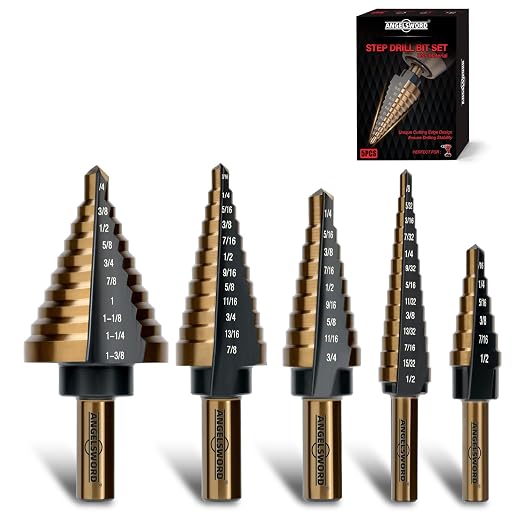 ANGELSWORD Step Drill Bits, 50 Sizes, 5PCS HSS Titanium Coated Step Drill Bit Set for Plastic, Aluminum, Copper, Sheet Metal, with Aluminum Case