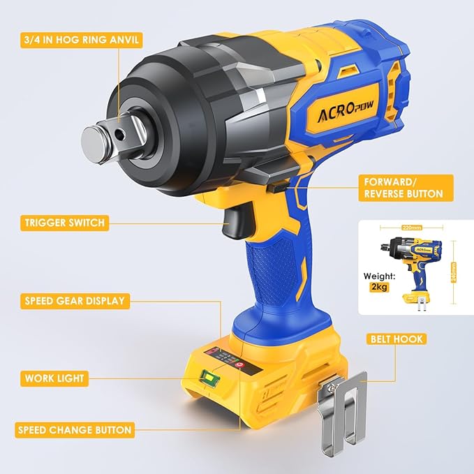 Cordless Impact Wrench Compatible with DEWALT 20V MAX Battery， 3/4” 1850FT-LBS Brushless High Torque Impact Driver, Auto-Stop Reverse, Variable Speed Heavy Duty Impact Gun(Bare Tool)
