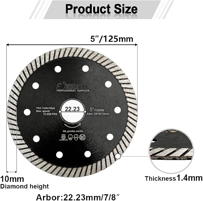 SHDIATOOL Diamond Turbo Blade 5 - Inch Super Thin Cutting Disc for Porcelain Ceramic Tile Granite Dia 125mm 5PCS