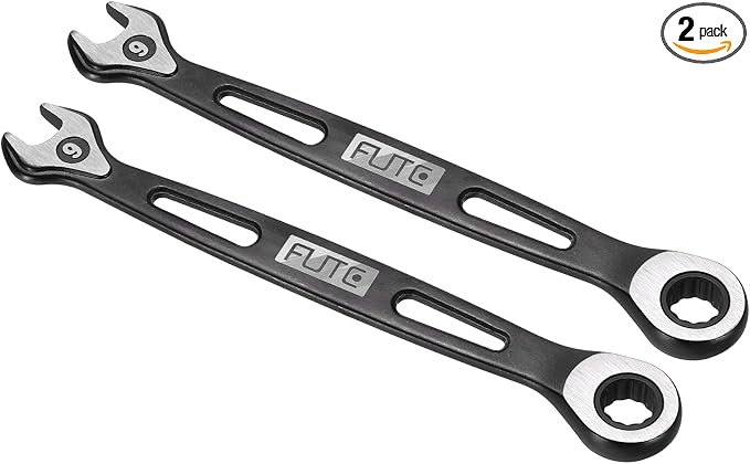 HARFINGTON 2Pcs Ratcheting Combination Wrench 9mm Stubby Wrench Metric High Carbon Steel Double 12-Point Box Open-Ended Ratchet Spanner Tool for Household Garage Workshop Auto Repairs, Black