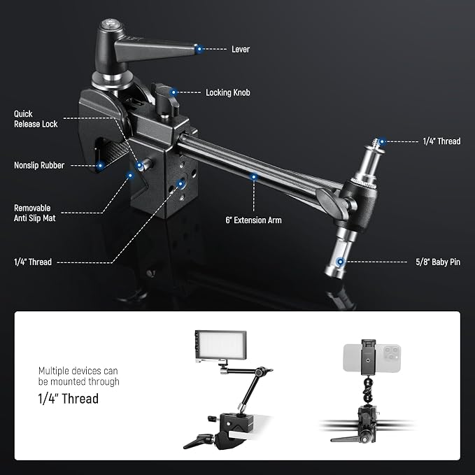 NEEWER Super Clamp with 6" Extension Arm, 5/8" Stud, 2.4" Jaw Grip