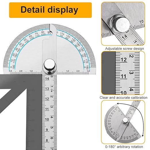 EMVANV Stainless Steel Protractor 0-180 Degrees, Woodworking Ruler Angle Finder, Metal Adjustable General Angle Measuring Tool(Size:0-180 Degrees), as picture show