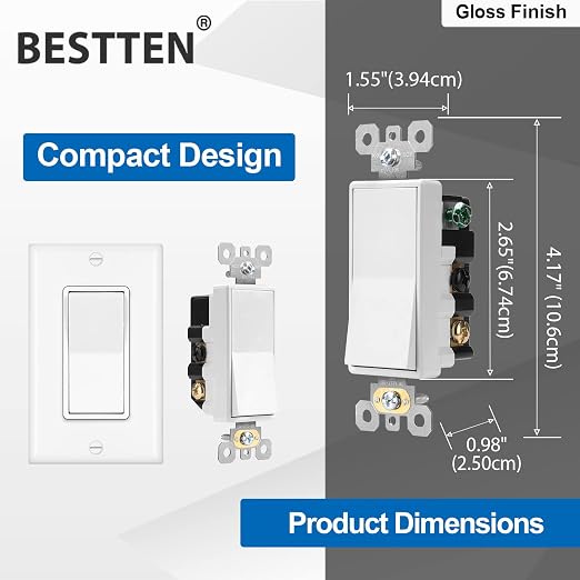 BESTTEN 4 Pack 4-Way Decorator Wall Light Switch with Wallplate, 15A 120/277V, On/Off Paddle Rocker Interrupter, Self-Grounding, UL Listed, White