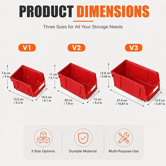 12pc Wall-Mounted Storage Organizer Set with Metal Rails Red | Heavy duty tool organization box with metal rails. Ext 7"x5"x4" for garage screws nuts bolts.