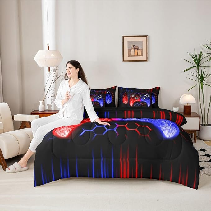 Erosebridal Boys Gamer 7 Piece Comforter Set Full Bed in a Bag Ombre Art Honeycomb Sheet Set Red Blue Neon Lights Bedding Set Game Consoles Bed Set Geometry Hexagon Beehive Gaming Room Decor