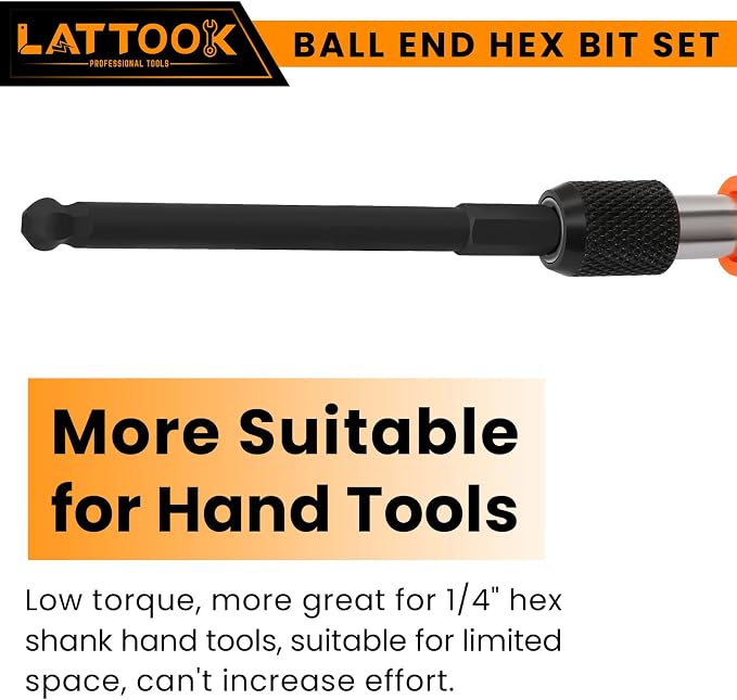 SAE Ball End Hex Bit Set with T Handle Ratchet Driver | LATTOOK 10PCS Ball End Hex Head Allen Wrench Drill Bit Set, Allen Key Drill Bit Set, Magnetic S2 Steel, 4'' Long