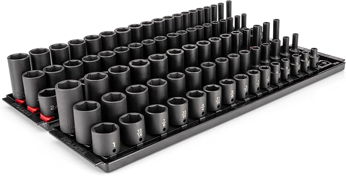 TEKTON 3/8 Inch Drive Impact Socket Set, 102-Piece | SID91220 | (1/4 - 1 in., 6 - 24 mm), Shallow, Semi-Deep, and Deep, 6-Point, Socket Rail