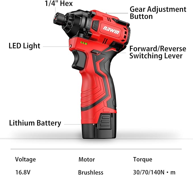 NAWIN Cordless Impact Driver Kit 16.8V Max Torque 140Nm（105ft-lbs）High Rotation Electric Impact Driver Brushless Motor Continuously Variable Rechargeable 1/4" impact driver 2.0Ah Batteries