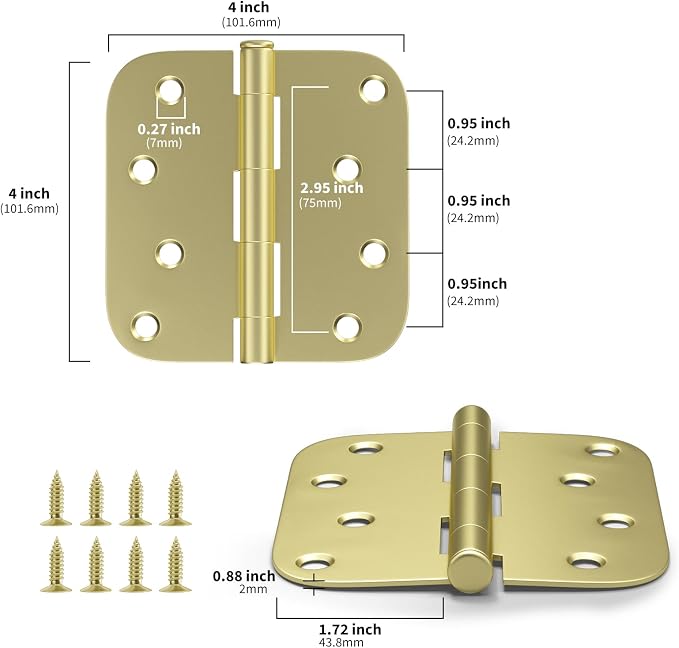 goldenwarm 6 Pack Door Hinge Satin Brass Residential Heavy Duty Iron Door Hinges, 4 Inch x 4 Inch Interior and Exterior Gold Door Hinges with 5/8" Radius Corners