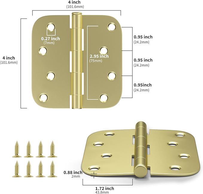 goldenwarm 3 Pack Satin Brass Residential Heavy Duty Iron Door Hinges, 4 Inch x 4 Inch Interior and Exterior Gold Door Hinges with 5/8" Radius Corners