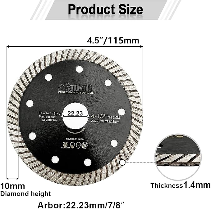 SHDIATOOL Super Thin Diamond Turbo Saw Blade 5PCS 4-1/2-Inch Cutting Disc for Porcelain Ceramic Tile Granite Dia 115mm