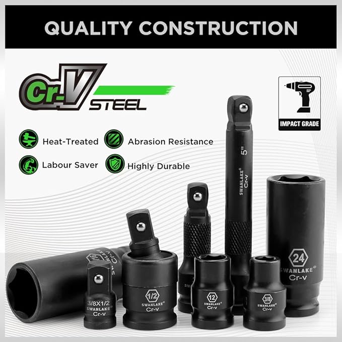 SWANLAKE 1/2" Drive Impact Socket Set, 66-Piece Standard SAE (3/8"-1-1/4") and Metric (8-24mm) Size, 6 Point, Cr-V, 1/2-Inch Drive Ratchet Handle, Extension Bar, Impact Universal Joint