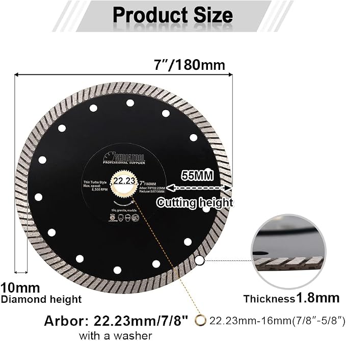 SHDIATOOL Diamond Turbo Saw Blade 7 - Inch Super Thin Cutting Disc for Porcelain Ceramic Tile Granite Cutting Wheel Dia 180mm