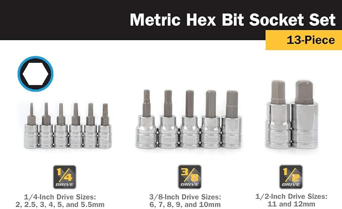 Titan 16124 13-Piece Metric Hex Bit Socket Set, Magnetic Socket Organizer with Laser-Etched Size Markings