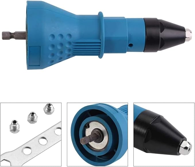 Cordless Electric Rivet Gun Adapter Kit, 1/4 Inch Hex Shank Blind Rivet Nut Drill Adapter Converter Convert Drill to RivetInsert Nut Tool Kit（Blue）