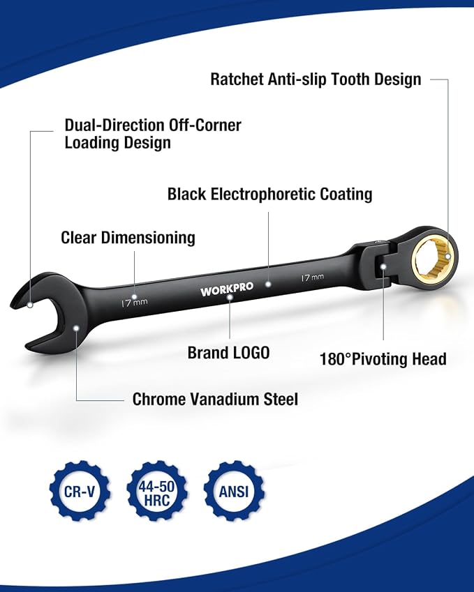 WORKPRO 8-piece Ratcheting Combination Wrench Set, Metric & Anti-Slip Tooth | Metric 8-17mm, 180° Flex-Head, 72-Tooth Cr-V Steel, Black Electrophoretic Coating with Rolling Pouch for Auto Repair & DIY