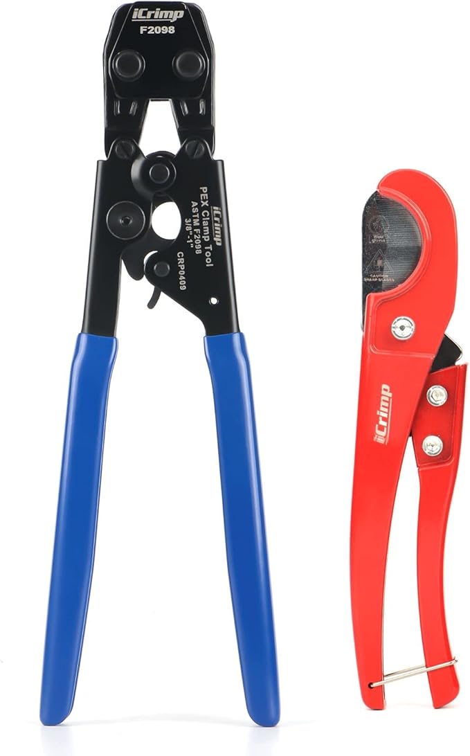 iCrimp PEX Clamp Cinch Tool for 3/8-inch to 1-inch Stainless Steel Clamps meet ASTM F2098 Standard with Pex Pipe Cutter Blue&red