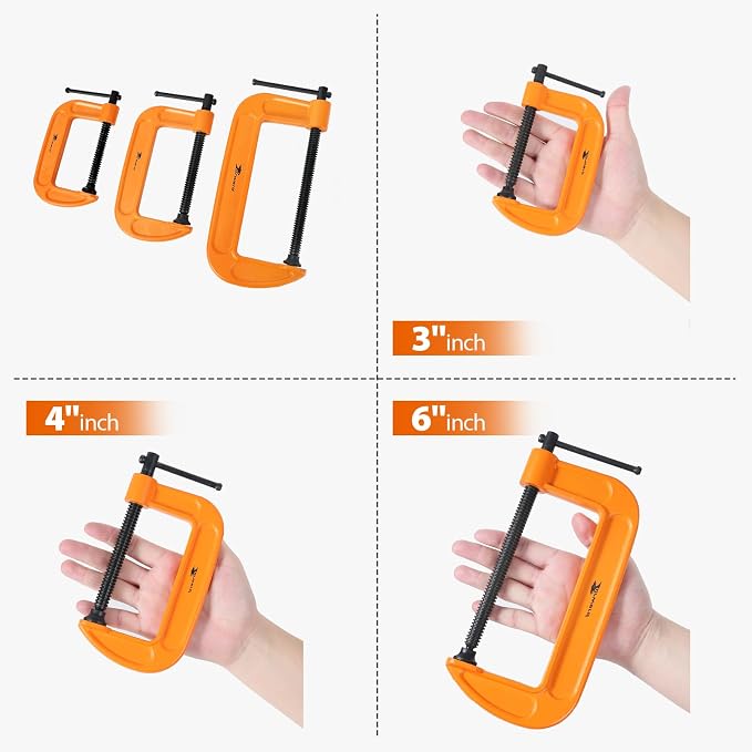 Forward C-Clamp 3 Piece Set 3in, 4in, 6in Heavy Duty Ductile Iron C Clamp Set Kit Jaw Opening Sliding T Bar Handle for DIY Carpentry Caliper Woodworking Welding Building(Orange)