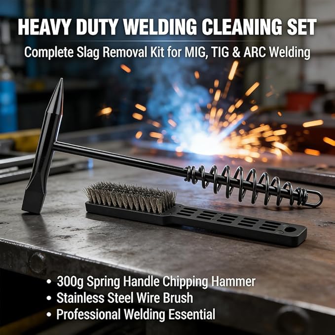 Welding Chipping Hammer and Wire Brush Set, 10.5" Welding Hammer with Spring Handle and 7.87" Steel Bristle Brush, Welding-Tools for Slag, Spatter, Residue Removal(COLOR:Black)
