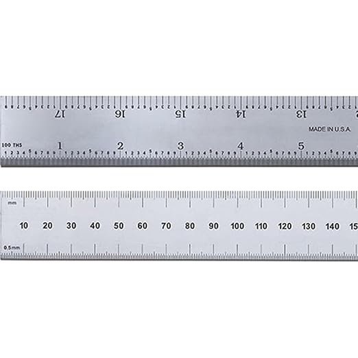 PEC Tools 6"/150mm Rigid Metal Ruler, Satin Chrome Carbon Steel Machinist Rule, Decimal & Metric Graduation (1/10", 1/100", 0.5mm, 1mm), Fully Hardened and Tempered, Made in USA