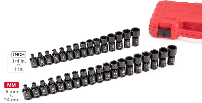 TEKTON 3/8 Inch Drive Universal Joint Impact Socket Set | SID97303 | 34-Piece, (1/4 - 1 in., 6 - 24 mm), Shallow, 6-Point