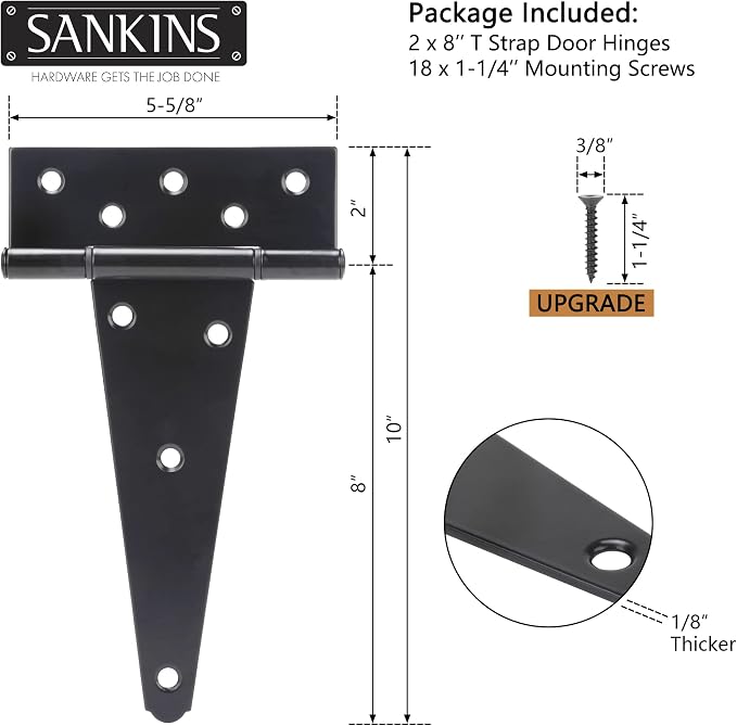 8 Inch T-Strap Shed Door Hinges Heavy Duty, Black Tee Hinge for Wooden Fences, Yard Door, Barn Door Gates, Wrought Hardware Rustproof, 2PCS
