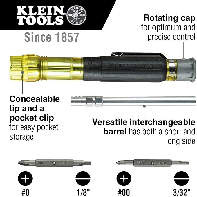 Klein Tools 32305 Multi-bit Ratcheting Screwdriver, 15-in-1 Tool & Klein Tools 32614 Multi-bit Precision Screwdriver Set, 4-in-1 Electronics Pocket Screwdriver, Professional Phillips and Slotted Bits