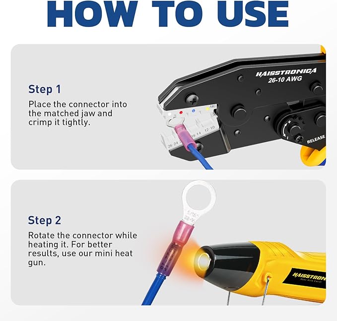 haisstronica Crimping Tool For Heat Shrink Connectors-AWG 26-10 Ratchet Wire Terminal Crimper-Ratcheting Crimper Tools-Available For Insulated Nylon Connectors and Electrical Wire Connectors HS-8327