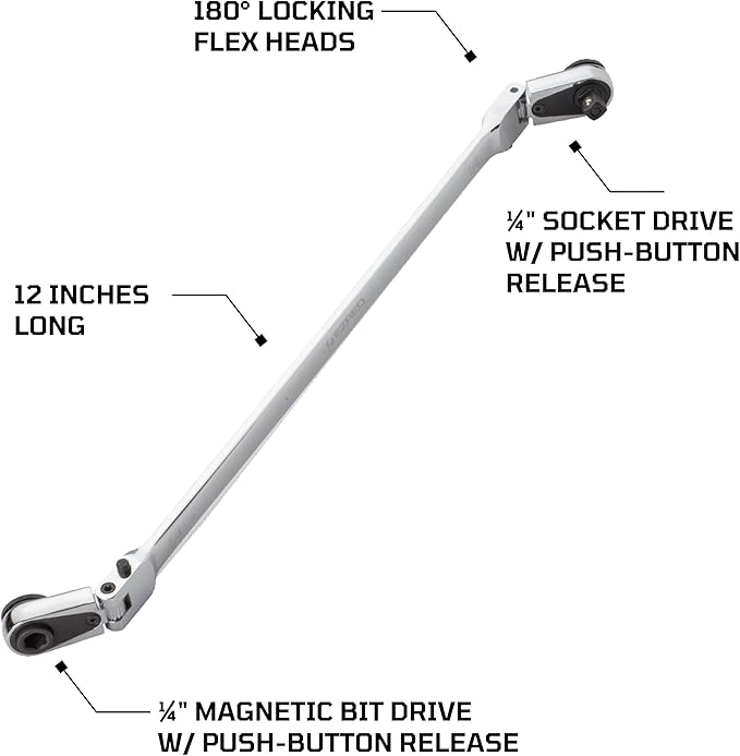 EZRED 4S12L 12-inch Chrome Quarter Stick With Locking Flex Heads, Combination 1/4" Square Drive & Magnetic Bit Drive