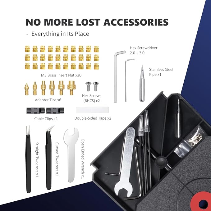 Vertical Heat Set Insert Press Tool | 90W Soldering Iron, 30 Brass Threaded Inserts (M3/M4/M5/M6/M8) & Heat-Set Tip | Compatible with PLA, ABS, PETG | for 3D Printed Components DIY Plastic Parts