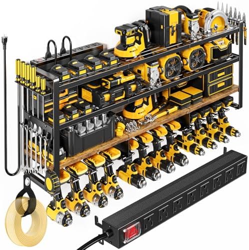 POKIPO Power Tool Organizer Wall Mount with Charging Station, 4 Tier Tool Battery Storage Rack Built in 8 Outlet Power Strip for Garage, 49" W, Black Wood