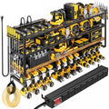 POKIPO Power Tool Organizer Wall Mount with Charging Station, 4 Tier Tool Battery Storage Rack Built in 8 Outlet Power Strip for Garage, 49" W, Black Wood
