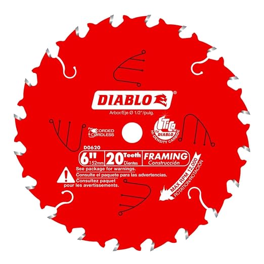 Diablo Framing Saw Blade for Wood - 6" Diameter, 20 ATB Teeth, 1/2" Arbor, .049" Kerf, 18° Hook Angle, .039" Plate, 12000 Max RPM - D0620X