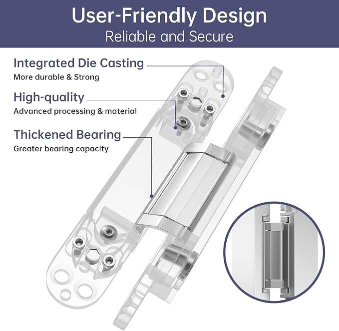 6" 2 pcs Hidden Hinges for Doors Invisible Hinges Concealed Zinc Alloy 180 Degree Swing 3 Way Adjustable Butt Silent Door Hinge 6 x 2.5 x 1 inch (Silver)