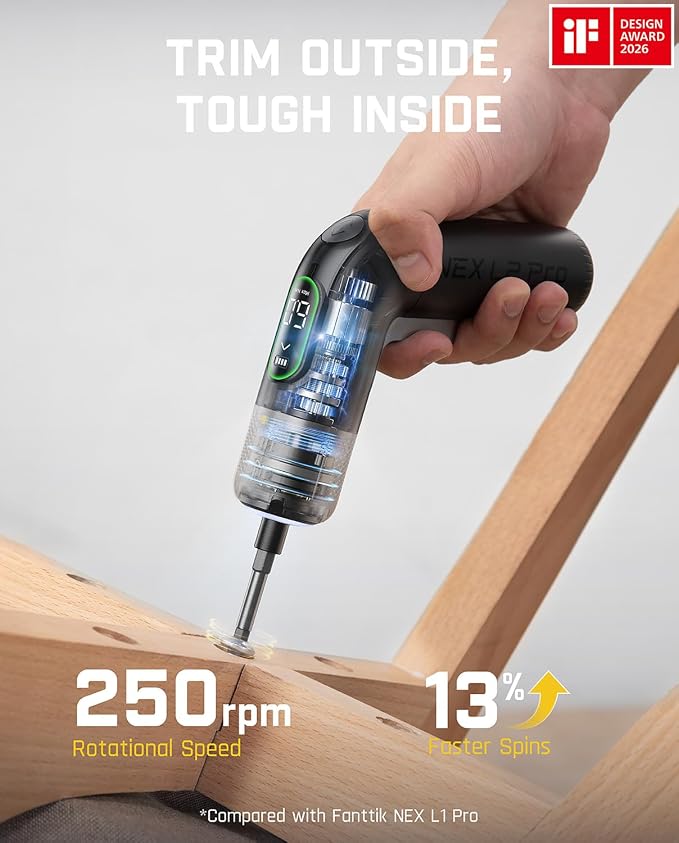 Fanttik L2 Pro Electric Screwdriver set, Cordless Screwdriver, 20 Bits, 1/4‘’Hex Chuck, Max 6N·m Torque, Digital Screen, Variable Speed, 2000mAh Rechargeable Battery, Tech Tool for DIY Enthusiasts