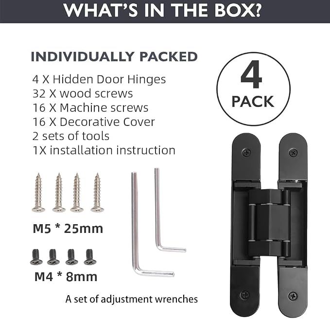 4-Pack 7 inch Black Hidden Door Hinges, Heavy Duty Zinc Alloy Concealed Hinges, Invisible 180 Degree Swing Hinge, 3 Way Adjustable Butt Hinge