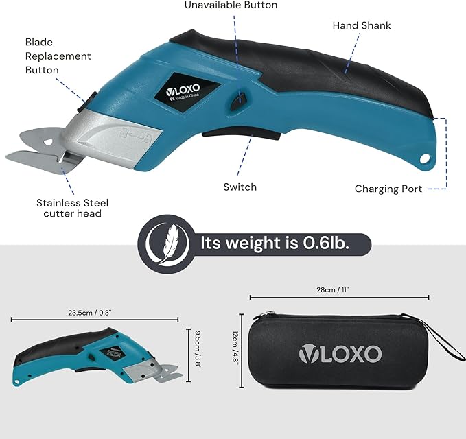 VLOXO Cordless Electric Scissors Super Scissors with 2 Type Blades Rechargeable Cardboard Cutter Powerful Cutting Tool for Fabric Cardboard Carpet Leather Felt Blue CS4001